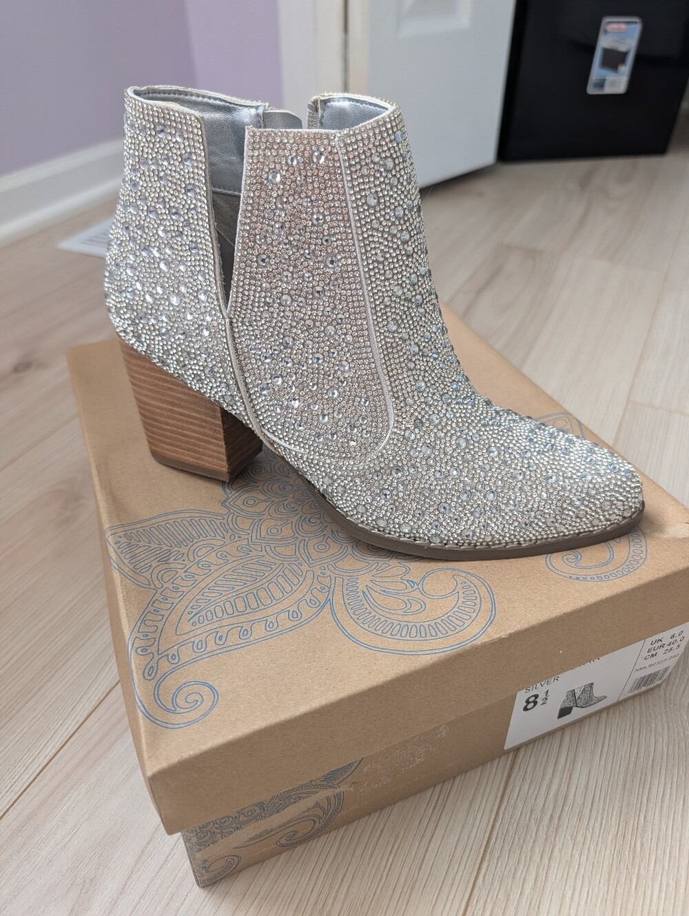 Embellished Silver Rhinestone Ankle Boots - Women